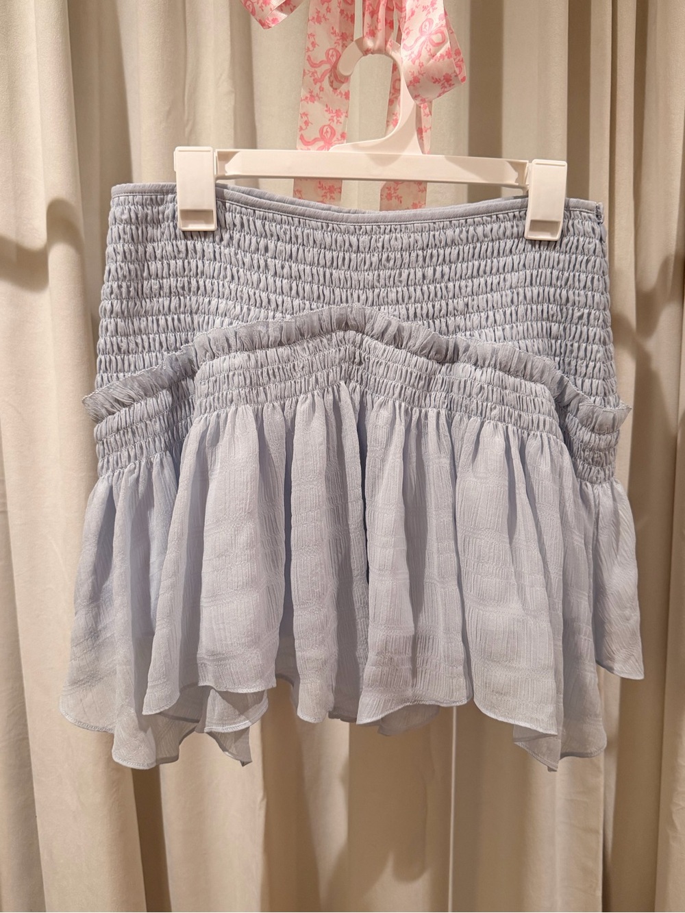 All Saints Light Blue Smocked Ruffle Mini Skirt